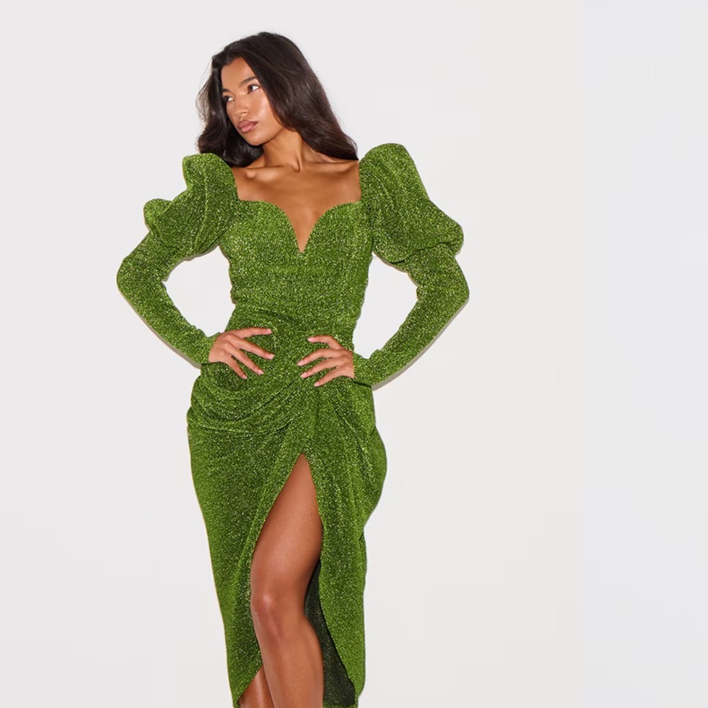 PrettyLittleThing Sparkling Green‎ Long Sleeve Dress NWT